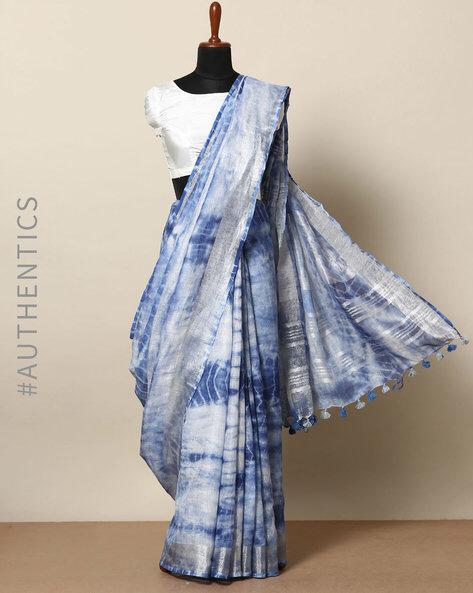 Serene White & Blue Color dual tone Tie & Dye Linen Cotton saree