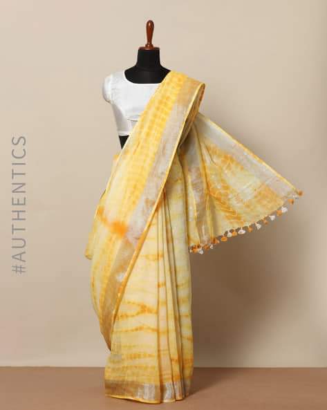 Bright Yellow color Tie & Dye Linen Cotton saree