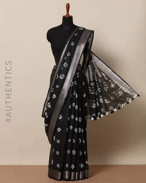 Bold Black color Tie & Dye Linen Cotton saree