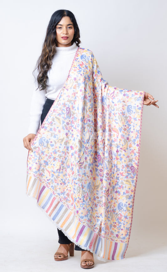 Silkmomma Kaani Wool Blend Kashmiri Shawl [WHITE] (Size 100cm * 200cm)