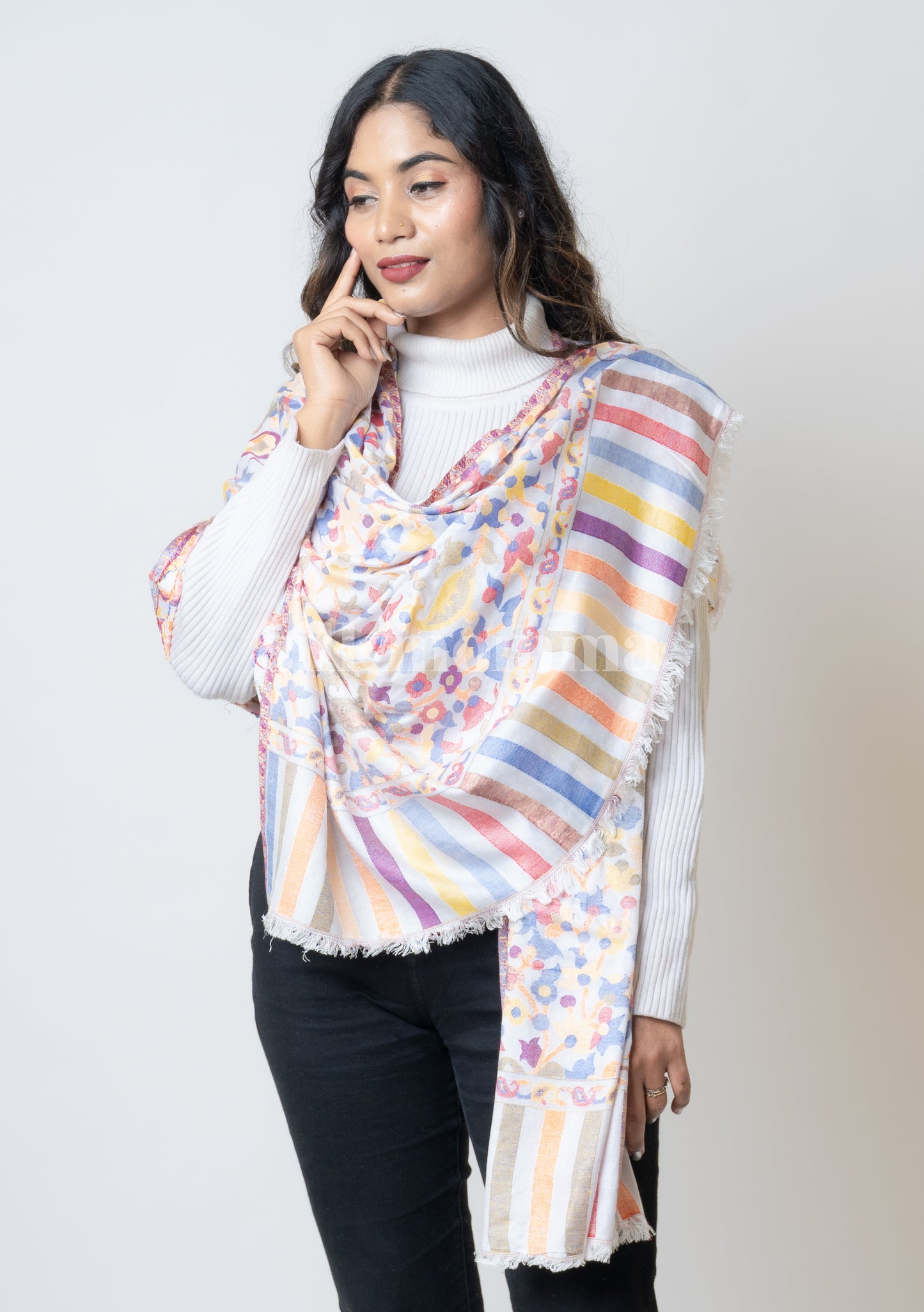 Silkmomma Kaani Wool Blend Kashmiri Shawl [WHITE] (Size 100cm * 200cm)