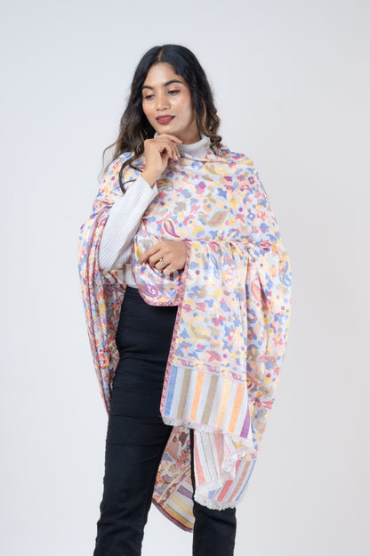 Silkmomma Kaani Wool Blend Kashmiri Shawl [WHITE] (Size 100cm * 200cm)