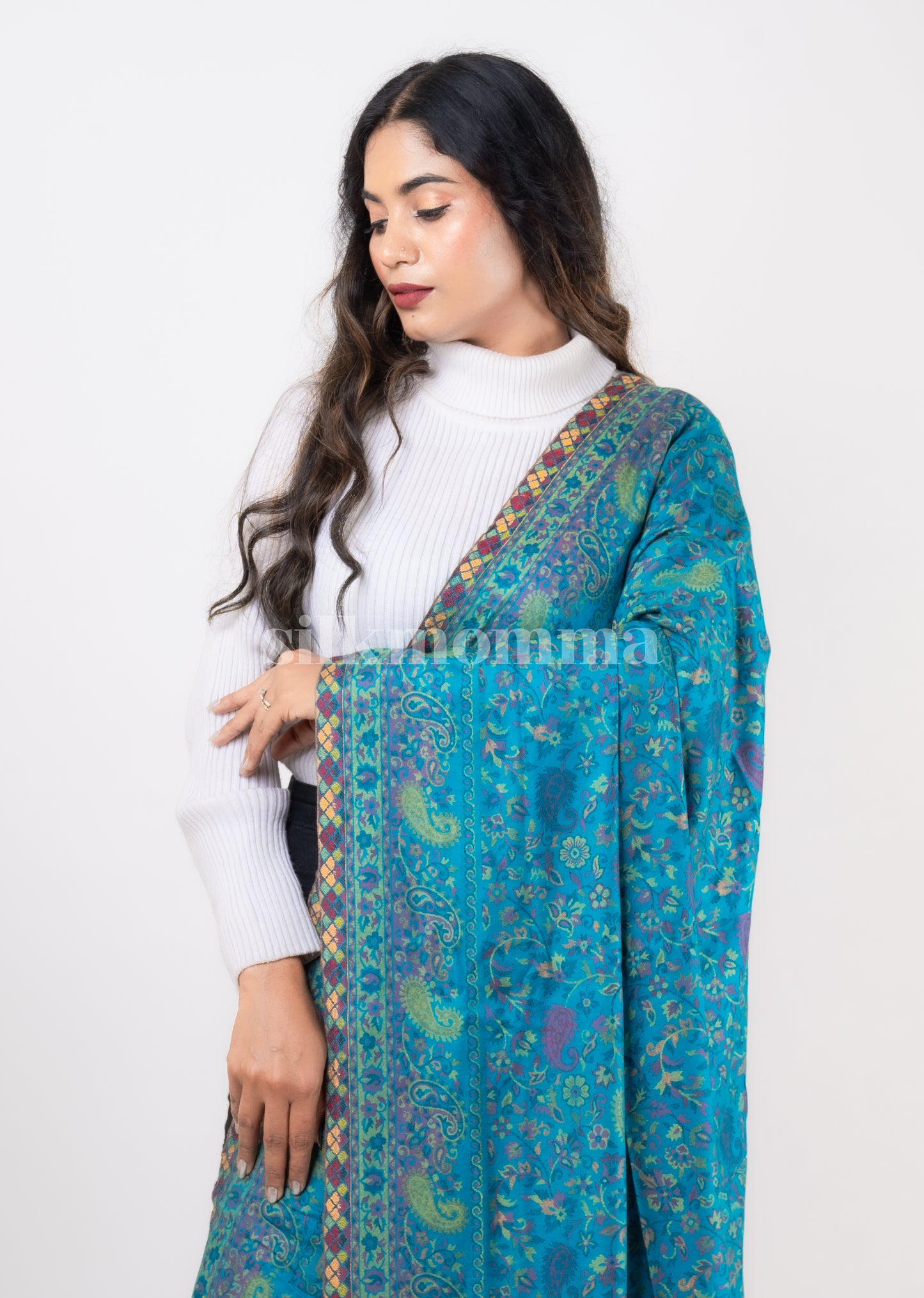 Silkmomma Kaani Wool Blend Kashmiri Shawl [BLUE] (Size 100cm * 200cm)