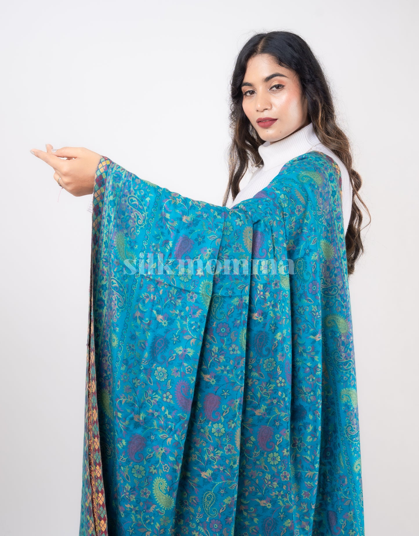 Silkmomma Kaani Wool Blend Kashmiri Shawl [BLUE] (Size 100cm * 200cm)