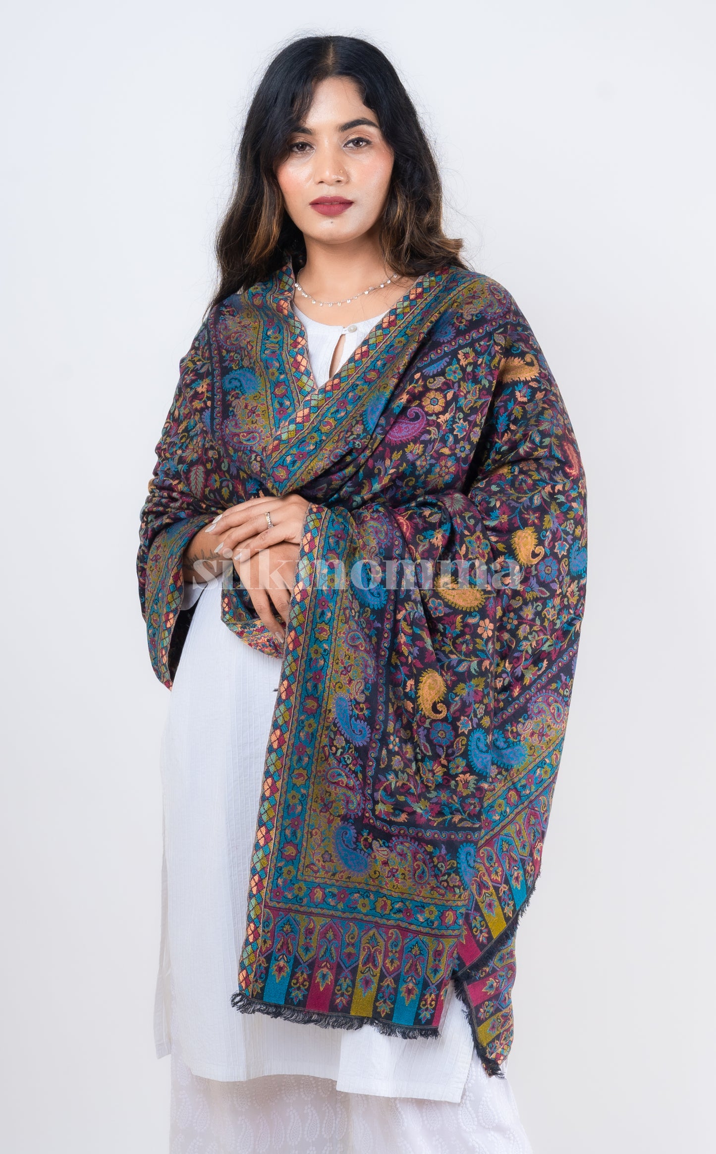 Silkmomma Kaani Wool Blend Kashmiri Shawl [BLACK] (Size 100cm * 200cm)