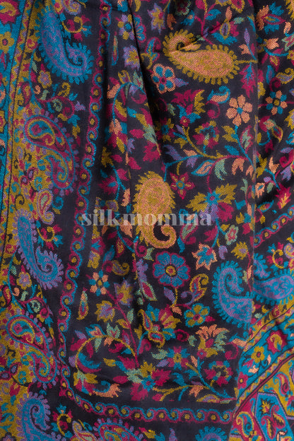 Silkmomma Kaani Wool Blend Kashmiri Shawl [BLACK] (Size 100cm * 200cm)