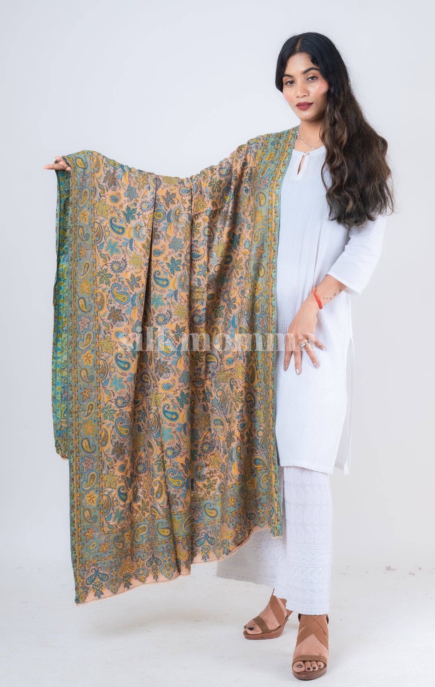 Silkmomma Kaani Wool Blend Kashmiri Shawl [PEACH] (Size 100cm * 200cm)