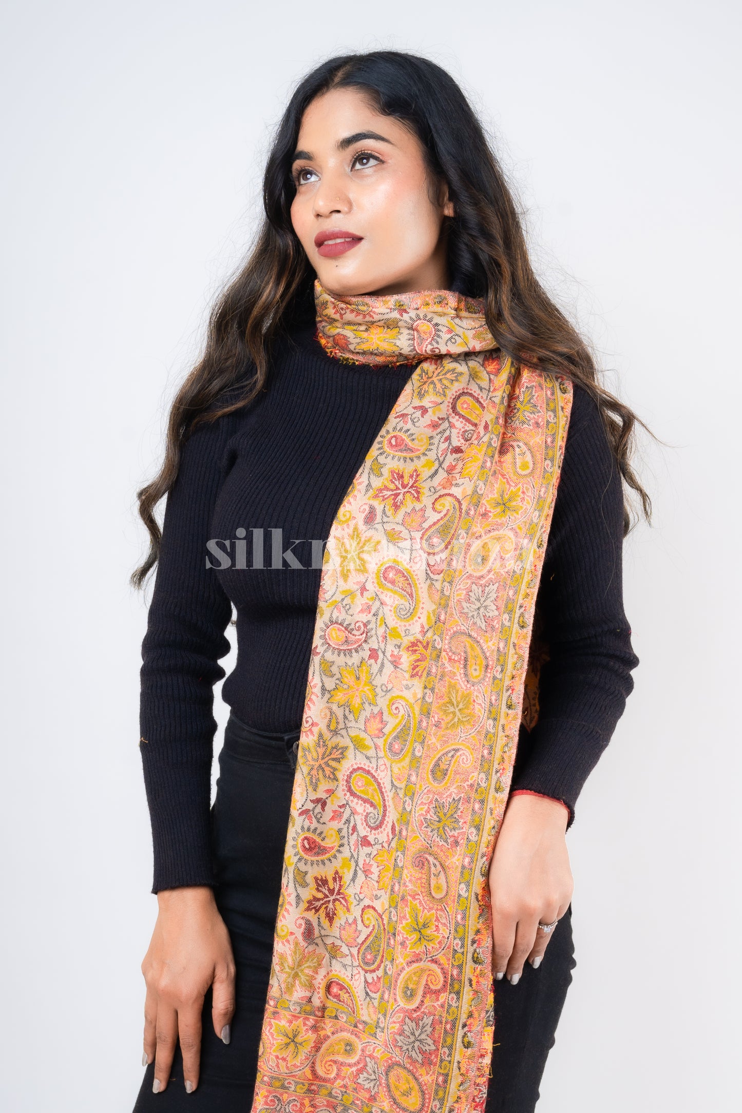 Silkmomma Kaani Wool Blend Kashmiri Shawl [GOLDEN] (Size 100cm * 200cm)