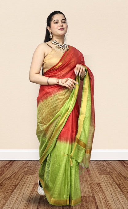 Organza Green and Red Color Saree with Mini-Checks