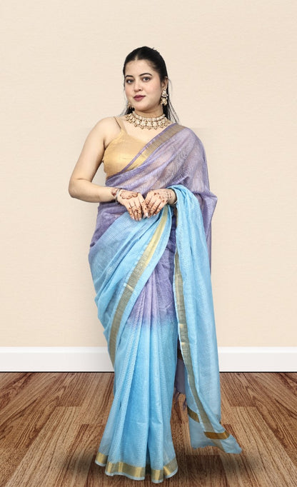 Organza Sky Blue Color Saree with Mini-Checks