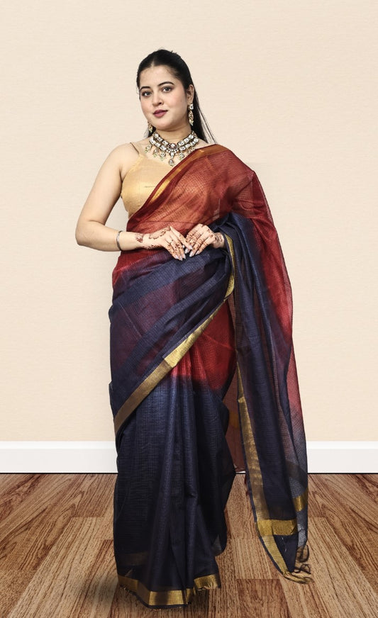 Organza Blue and Red Color Saree with Mini-Checks