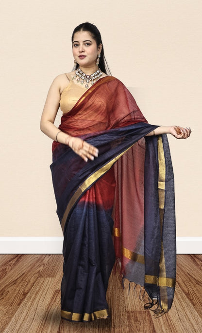 Organza Blue and Red Color Saree with Mini-Checks