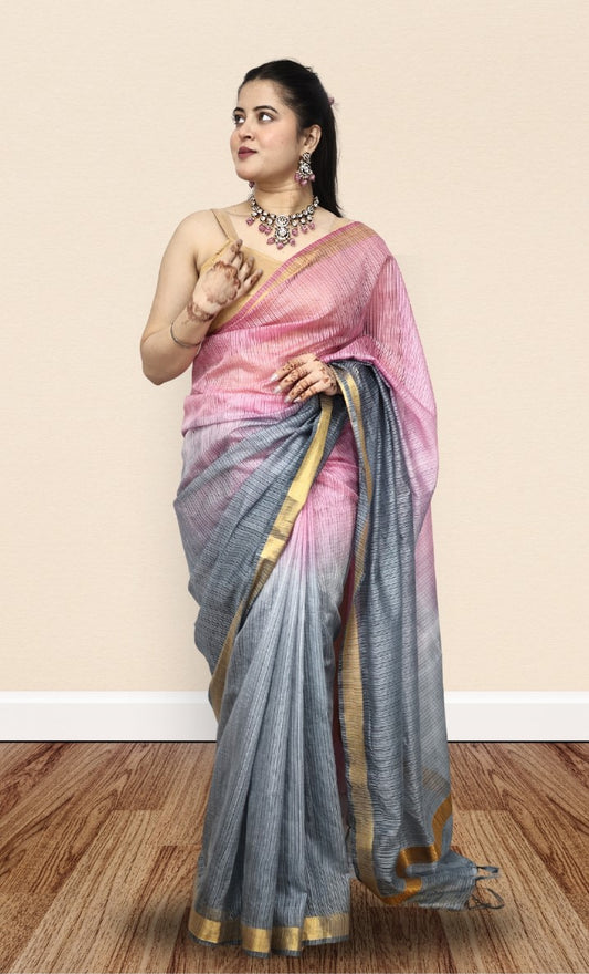 Organza Pink and Brown Color Saree with Mini-Checks