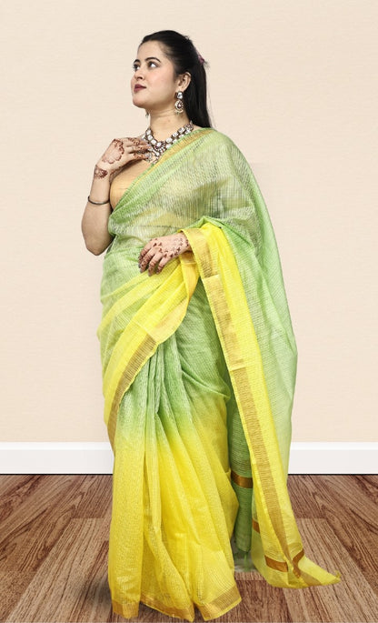 Organza Yellow and Green Color Saree with Mini-Checks