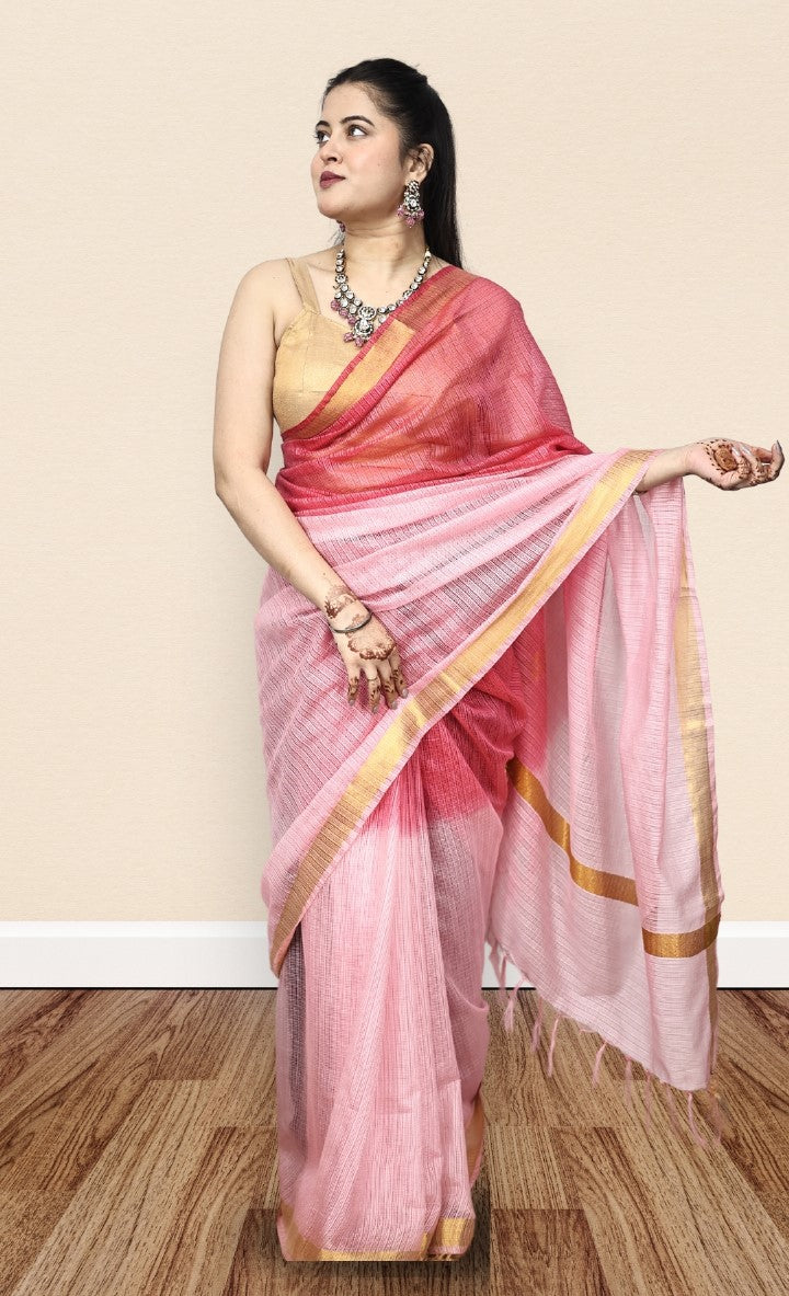 Organza Pink and Red Color Saree with Mini-Checks