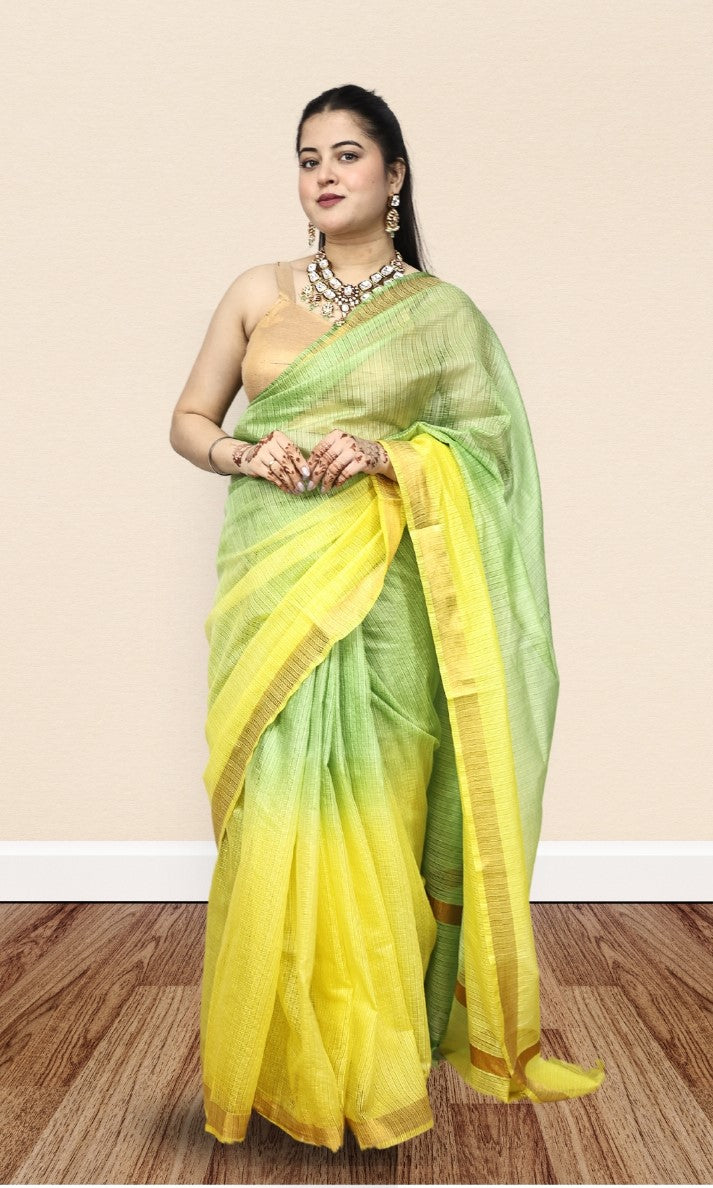 Organza Yellow and Green Color Saree with Mini-Checks