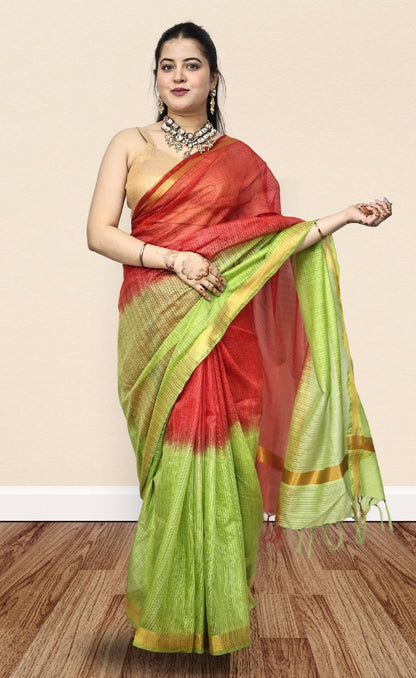 Organza Green and Red Color Saree with Mini-Checks