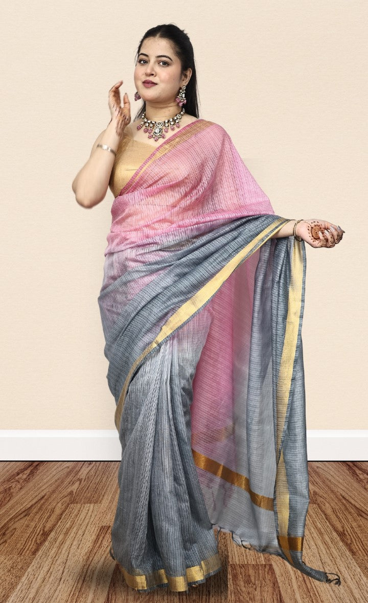 Organza Pink and Brown Color Saree with Mini-Checks