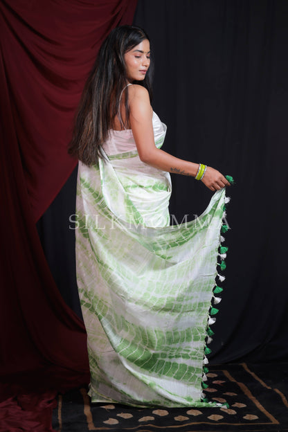 Designer Green Tie & Dye Linen Cotton Saree with Blouse Piece