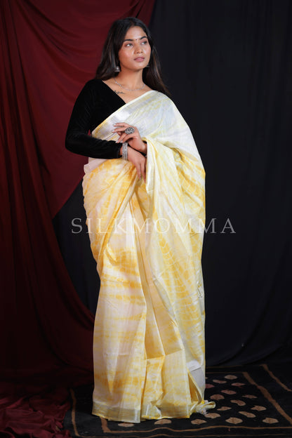 Designer Yellow Tie & Dye Linen Cotton Saree with Blouse Piece