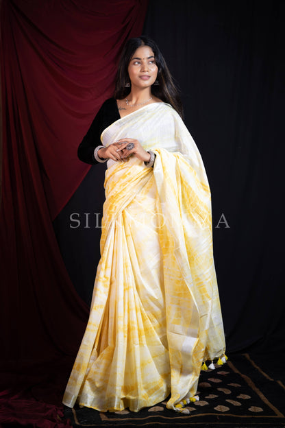 Designer Yellow Tie & Dye Linen Cotton Saree with Blouse Piece