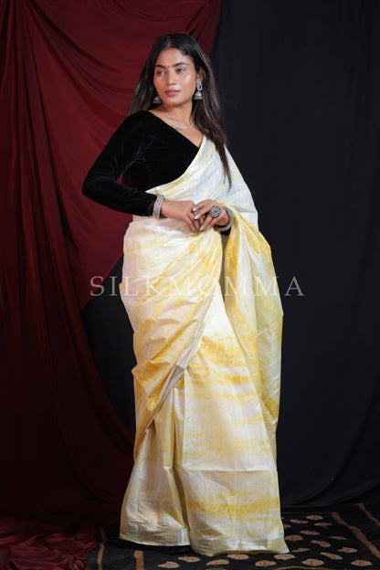 Designer Yellow Tie & Dye Linen Cotton Saree with Blouse Piece