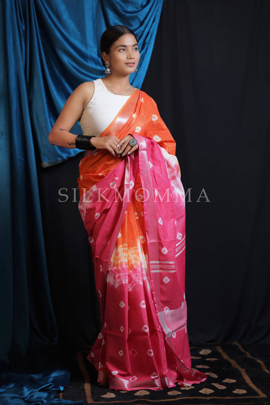 Designer Pink and Orange Dual Color Tie & Dye Linen Cotton Saree with Blouse Piece