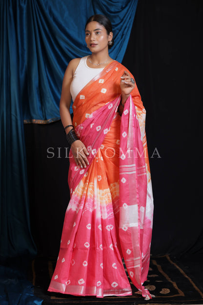 Designer Pink and Orange Dual Color Tie & Dye Linen Cotton Saree with Blouse Piece