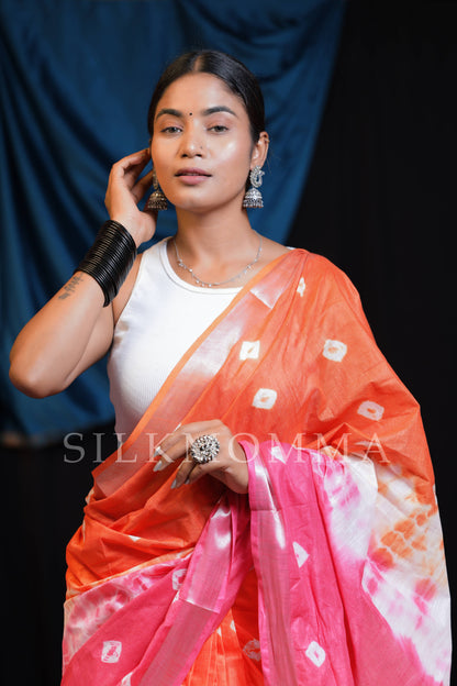 Designer Pink and Orange Dual Color Tie & Dye Linen Cotton Saree with Blouse Piece