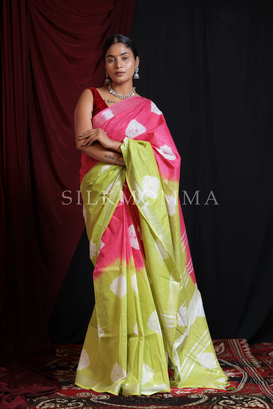 Designer Pink and Green Dual Color Tie & Dye Linen Cotton Saree with Blouse Piece