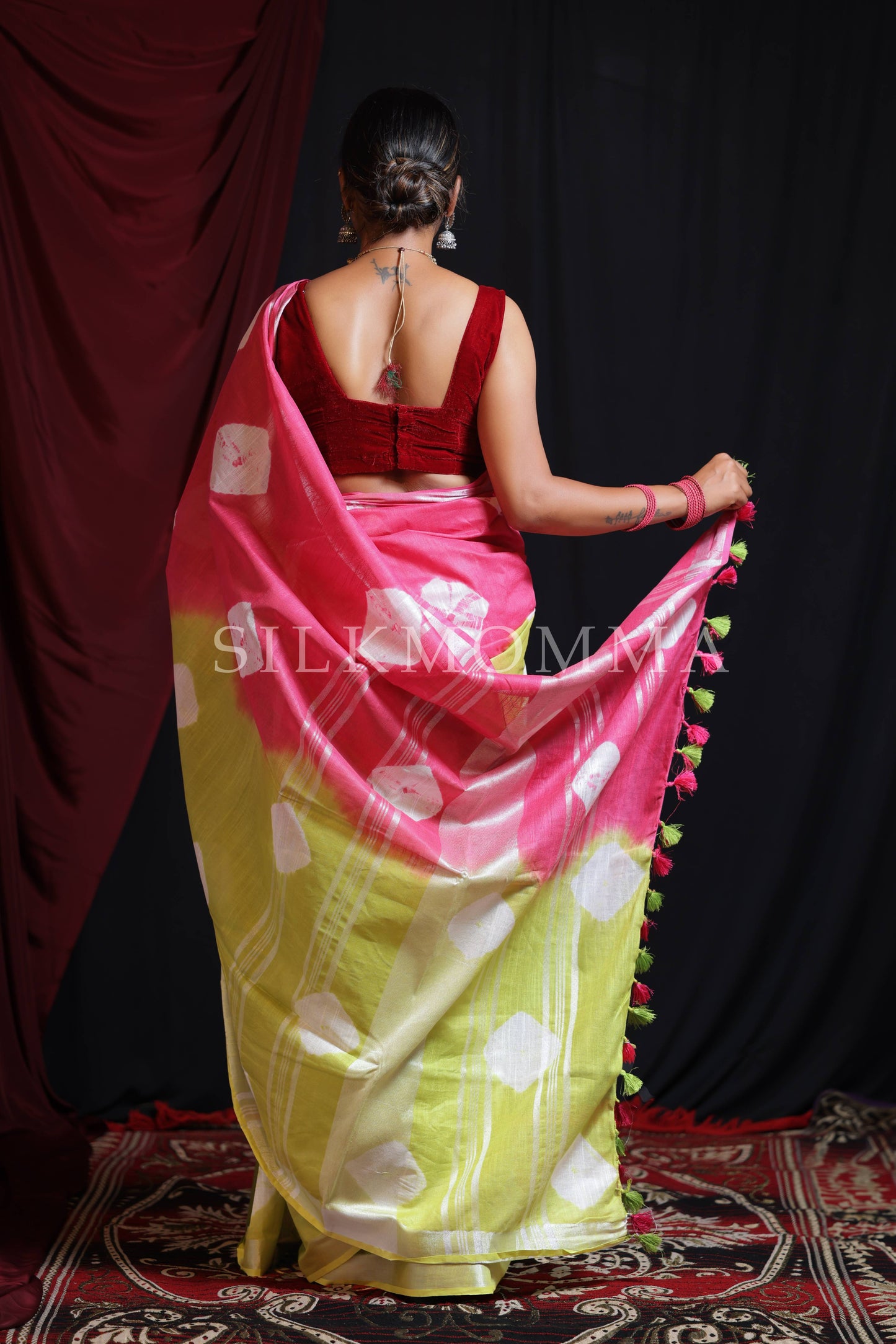 Designer Pink and Green Dual Color Tie & Dye Linen Cotton Saree with Blouse Piece