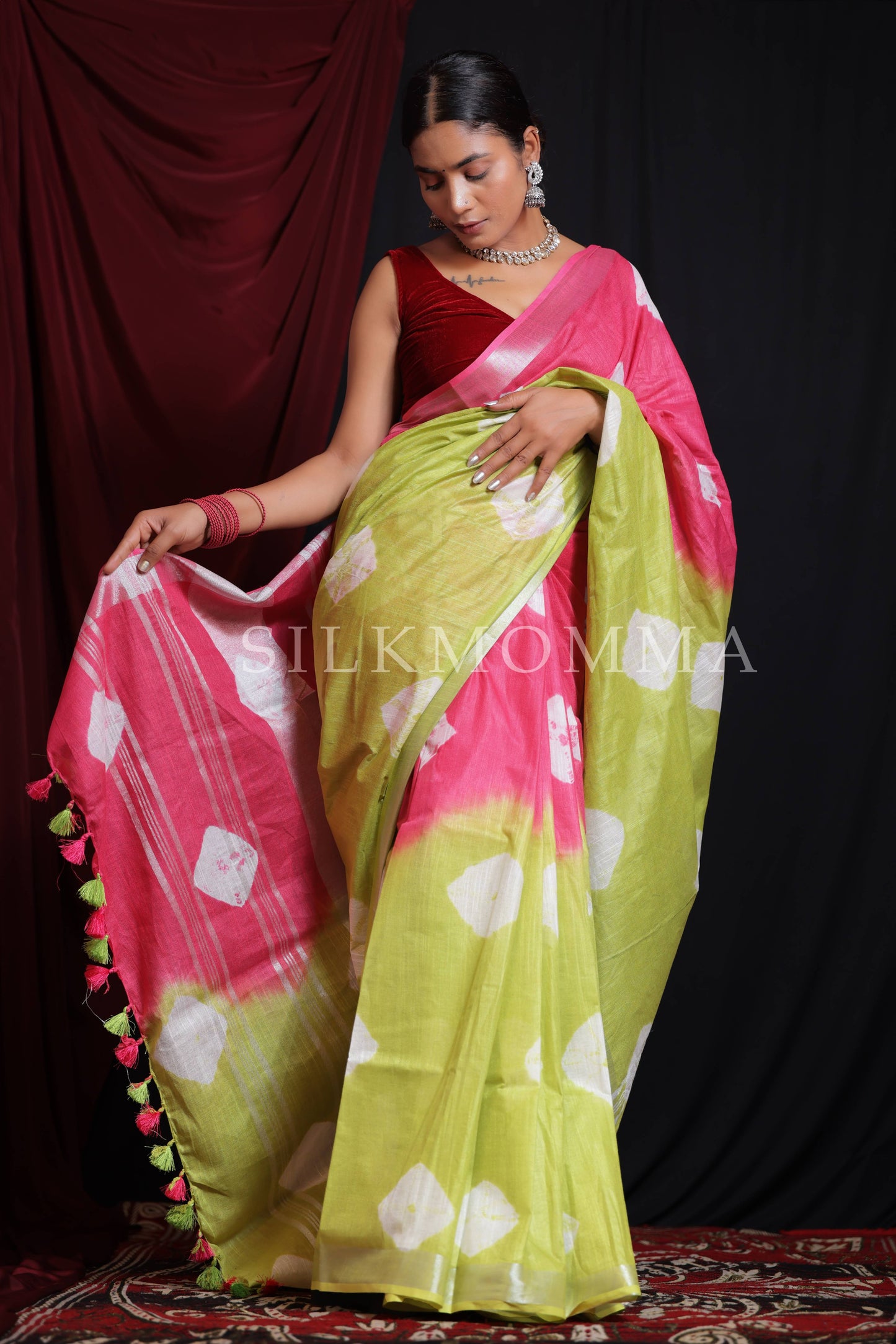 Designer Pink and Green Dual Color Tie & Dye Linen Cotton Saree with Blouse Piece