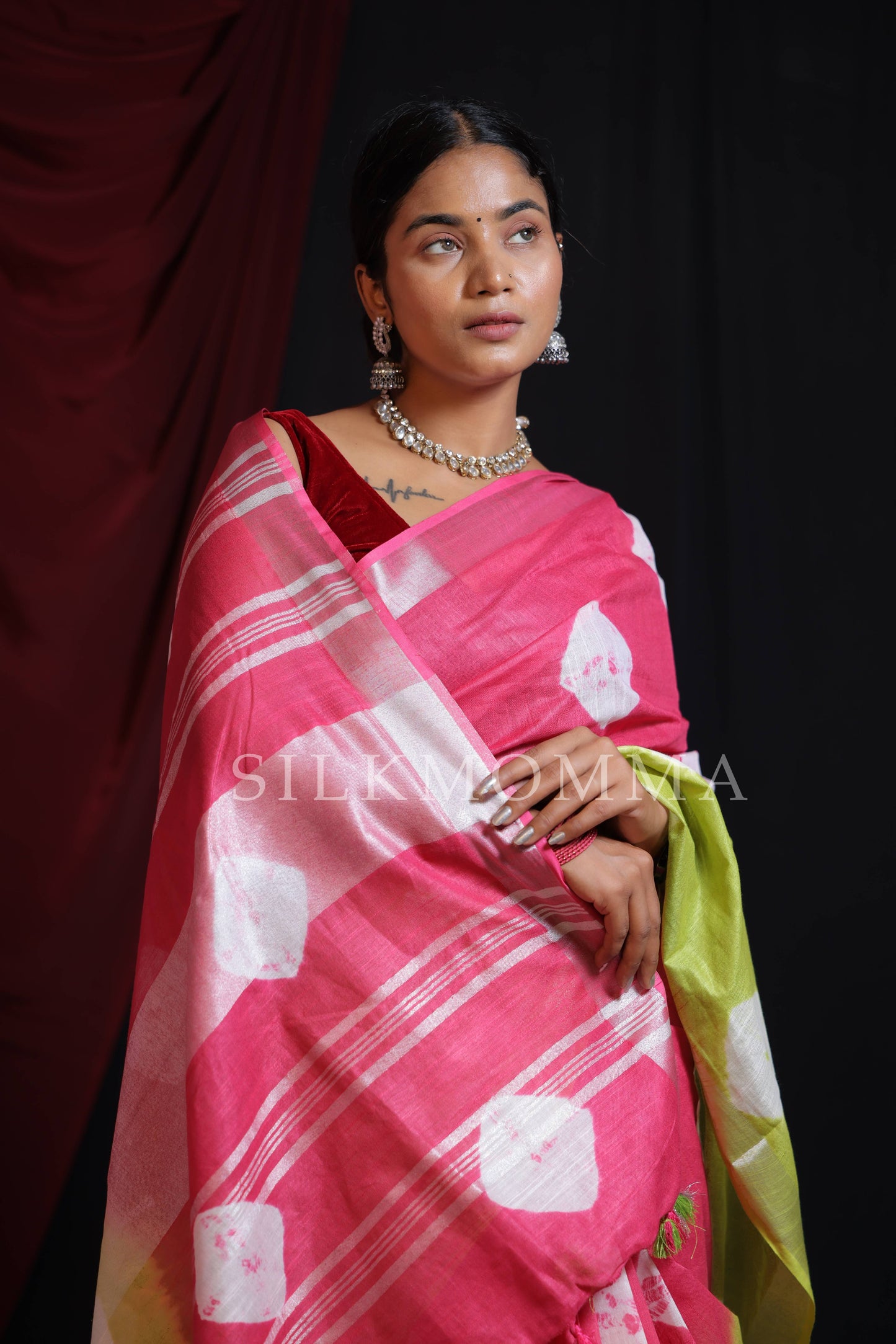 Designer Pink and Green Dual Color Tie & Dye Linen Cotton Saree with Blouse Piece