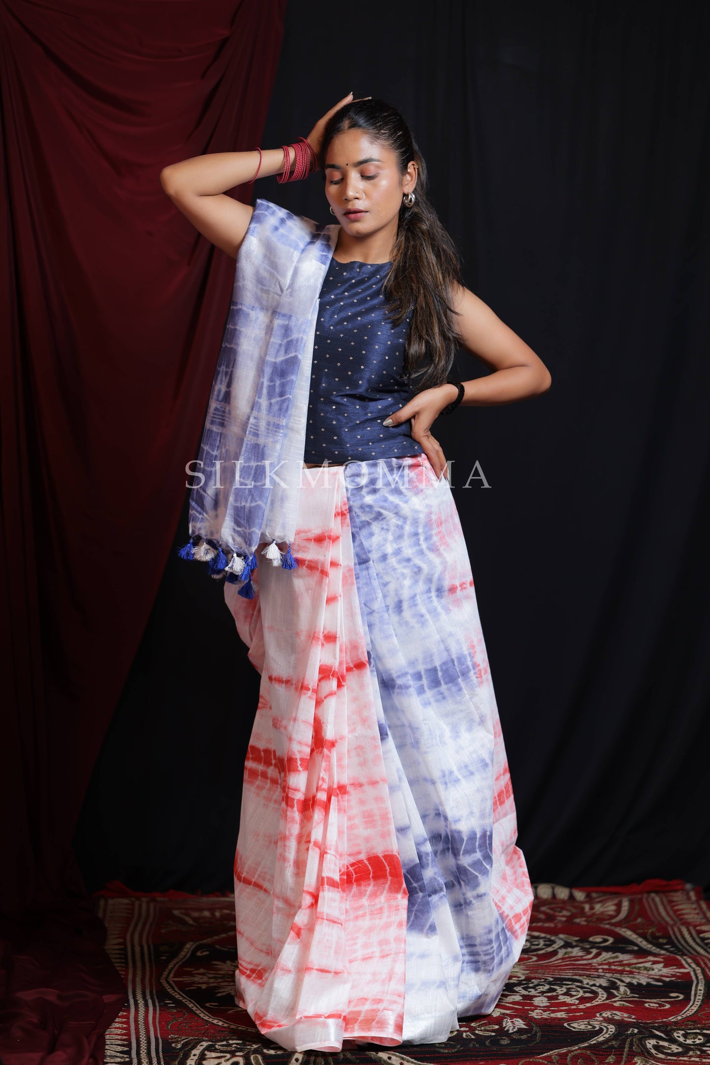 Vibrant Red and Blue Dual Color Tie & Dye Linen Cotton Saree with Blouse Piece