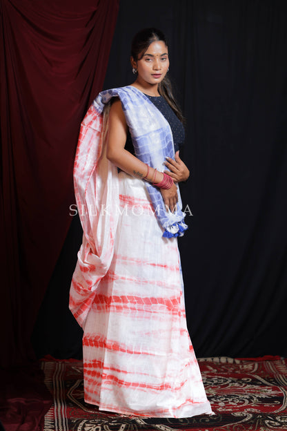 Vibrant Red and Blue Dual Color Tie & Dye Linen Cotton Saree with Blouse Piece