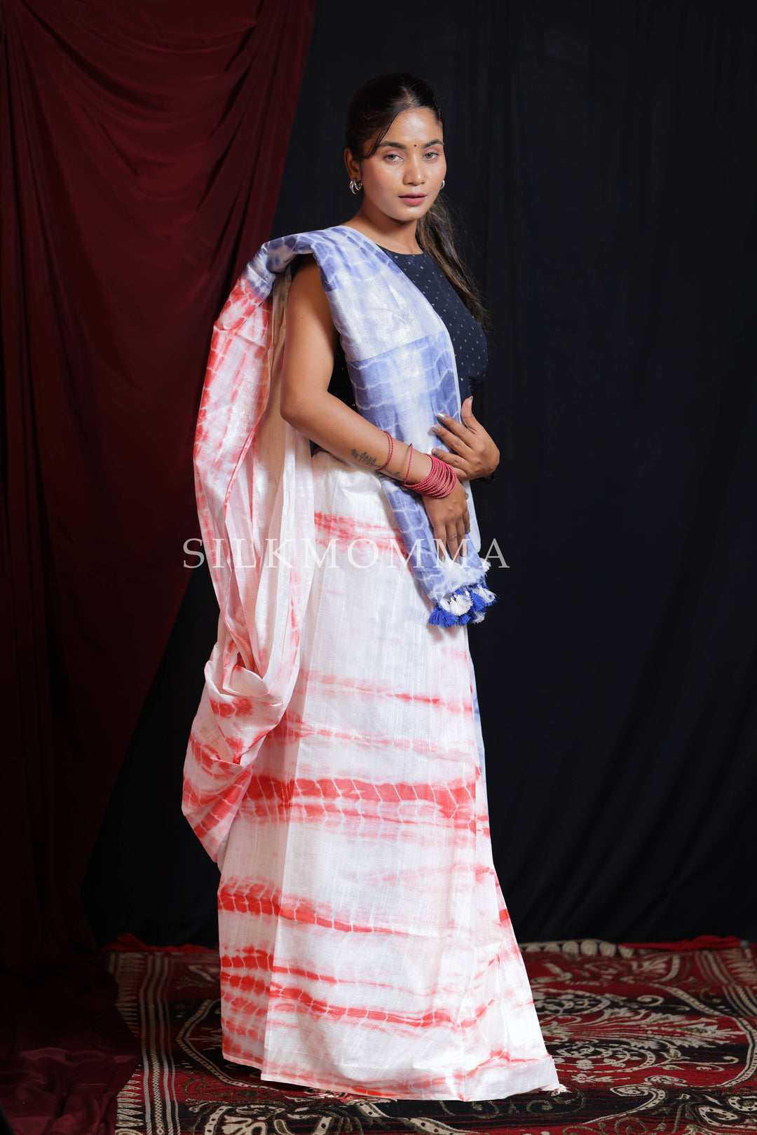 Vibrant Red and Blue color Dual Tie & Dye Linen Cotton Saree with Blouse Piece