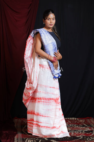 Vibrant Red and Blue color Dual Tie & Dye Linen Cotton Saree with Blouse Piece
