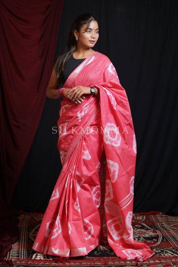 Elegant Pink Tie & Dye Linen color Cotton Saree with Blouse Piece