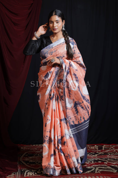 Vibrant Orange & Blue dual tone Tie & Dye Linen Cotton Saree with Blouse Piece