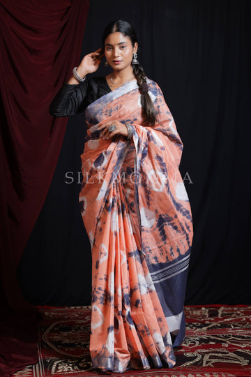 Vibrant Orange & Blue color dual tone Tie & Dye Linen Cotton Saree with Blouse Piece