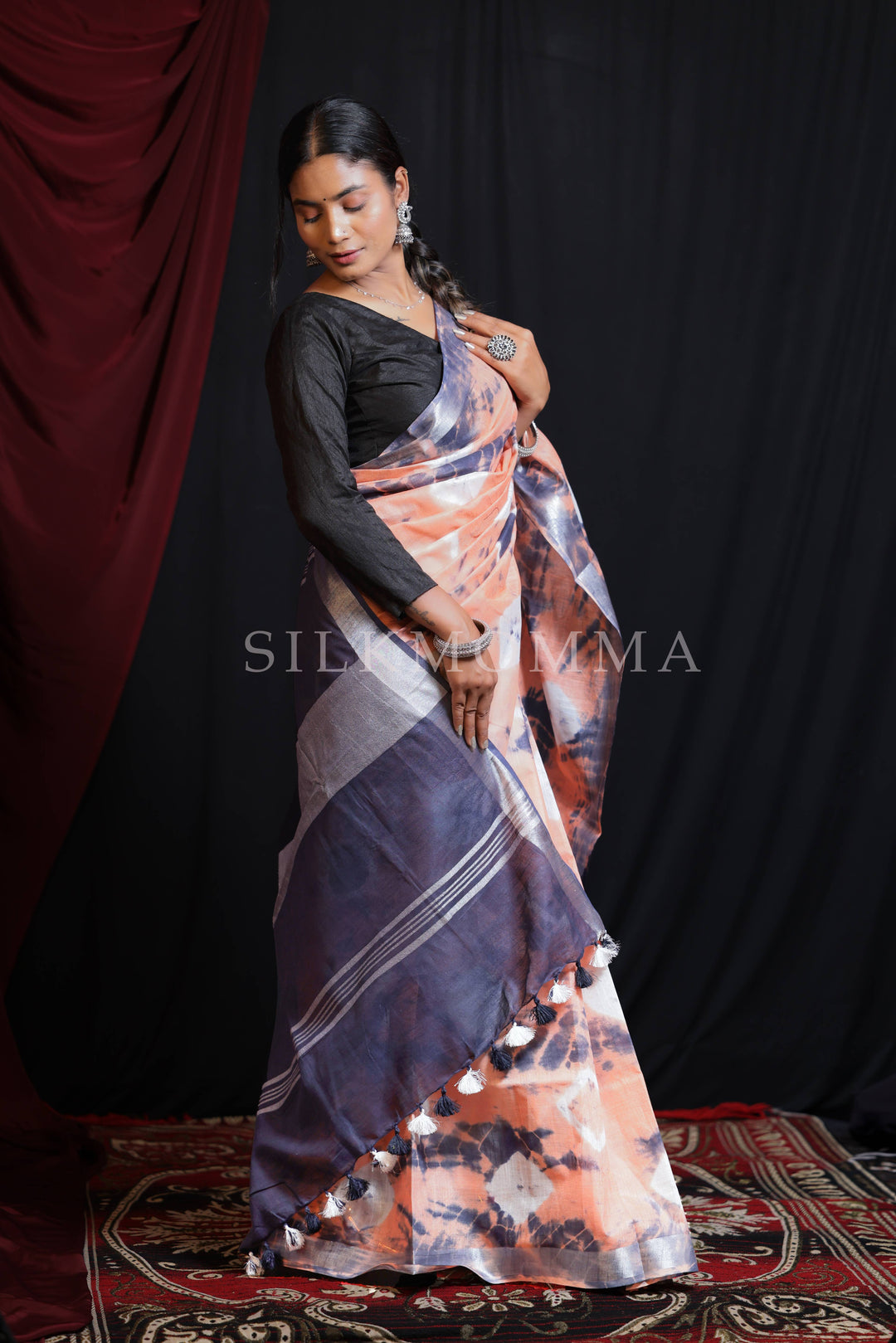 Vibrant Orange & Blue color dual tone Tie & Dye Linen Cotton Saree with Blouse Piece