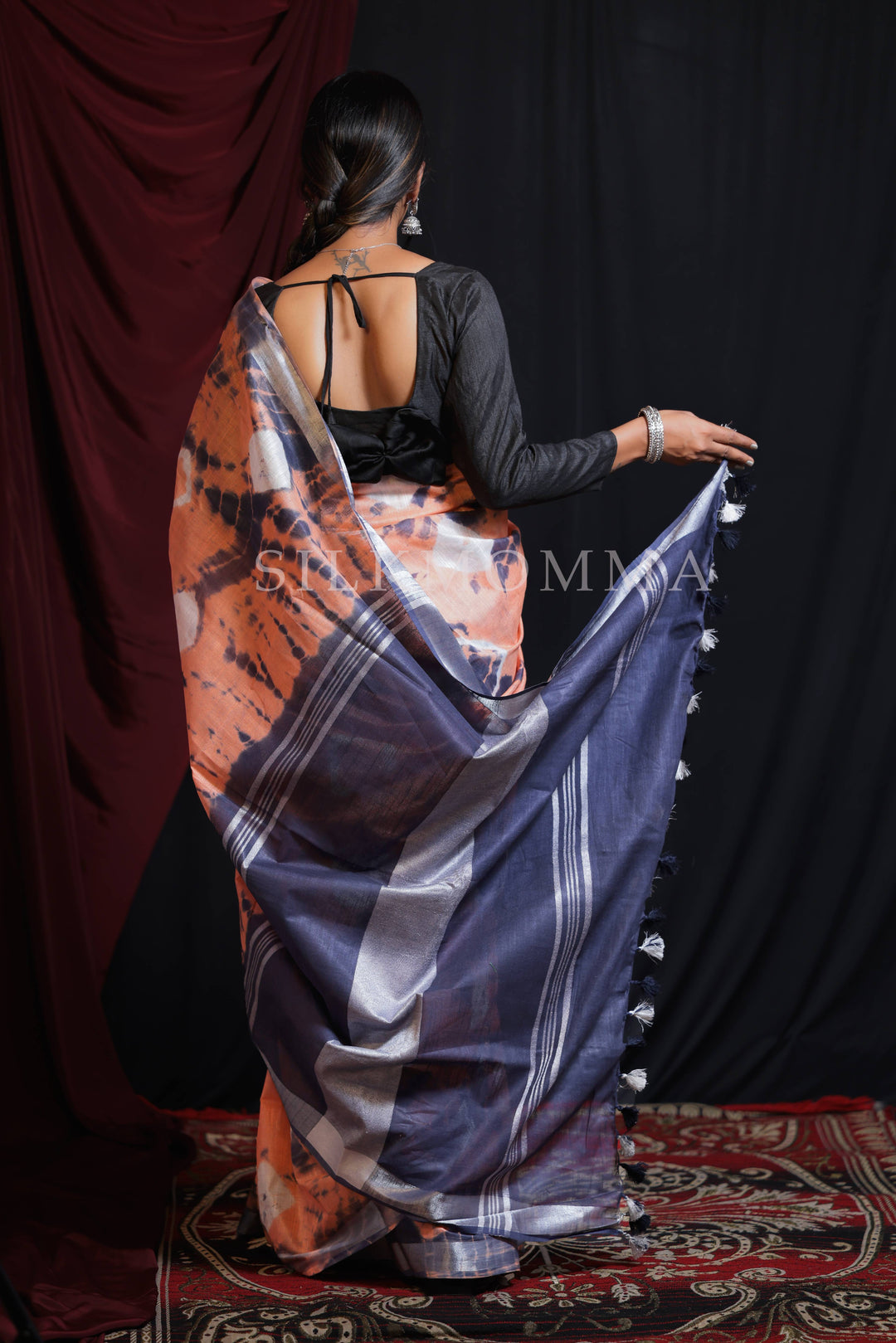 Vibrant Orange & Blue color dual tone Tie & Dye Linen Cotton Saree with Blouse Piece