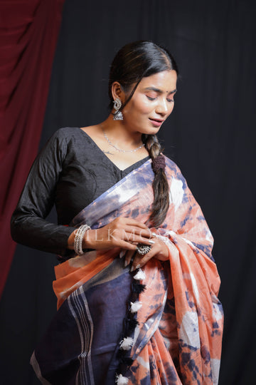 Vibrant Orange & Blue color dual tone Tie & Dye Linen Cotton Saree with Blouse Piece