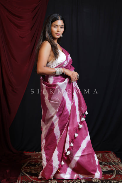 Vivid Magenta Tie & Dye Linen Cotton Saree with Blouse Piece