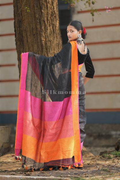 Pure Linen Black Saree with Vibrant Border