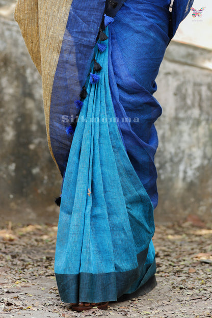 Elegant Pure Linen Blue Saree with Ghicha Pallu