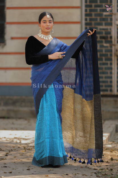 Elegant Pure Linen Blue Saree with Ghicha Pallu