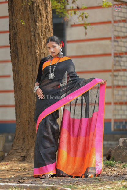 Pure Linen Black Saree with Vibrant Border