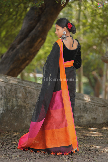 Pure Linen Black Saree with Vibrant Border