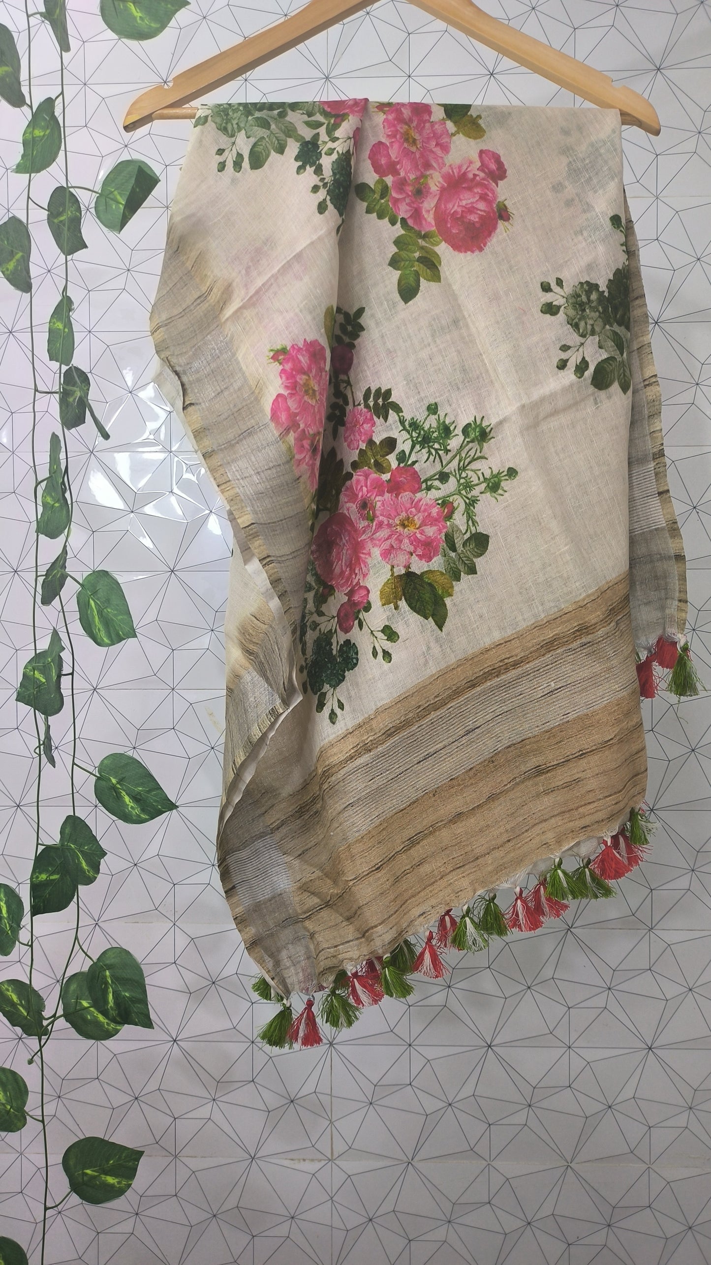 Off White Floral Woven Design Linen Stole